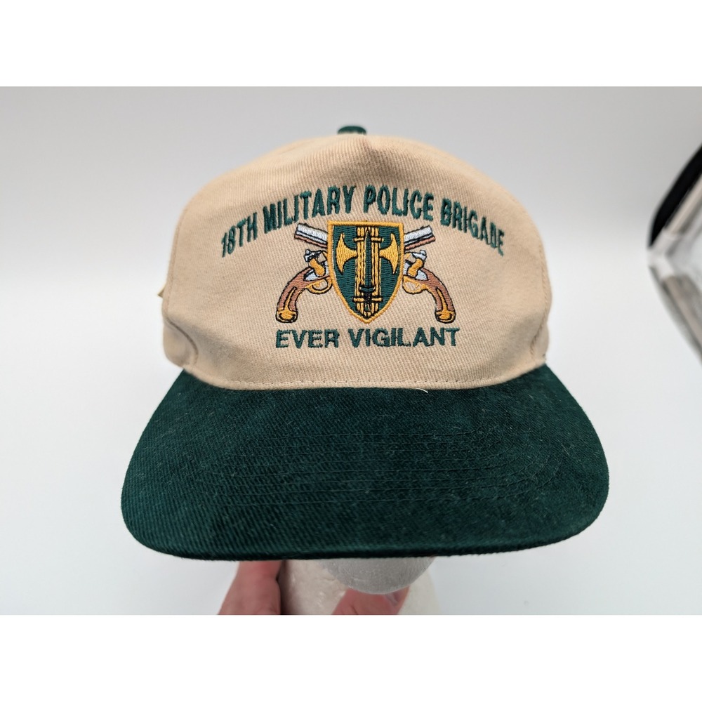 Otto Cap 18th Military Police Brigade Ever Vigilant Hat Tan Green Corduroy Brim